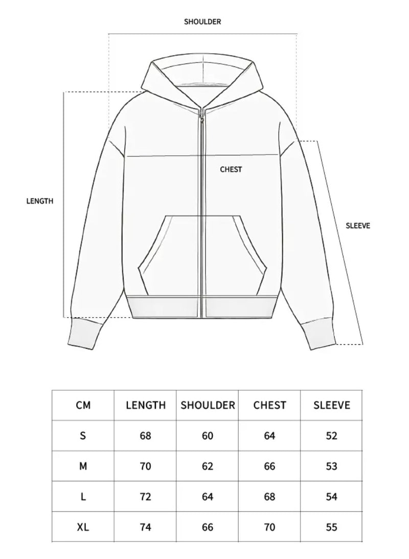 Size chart for Zip-Up Hoodie